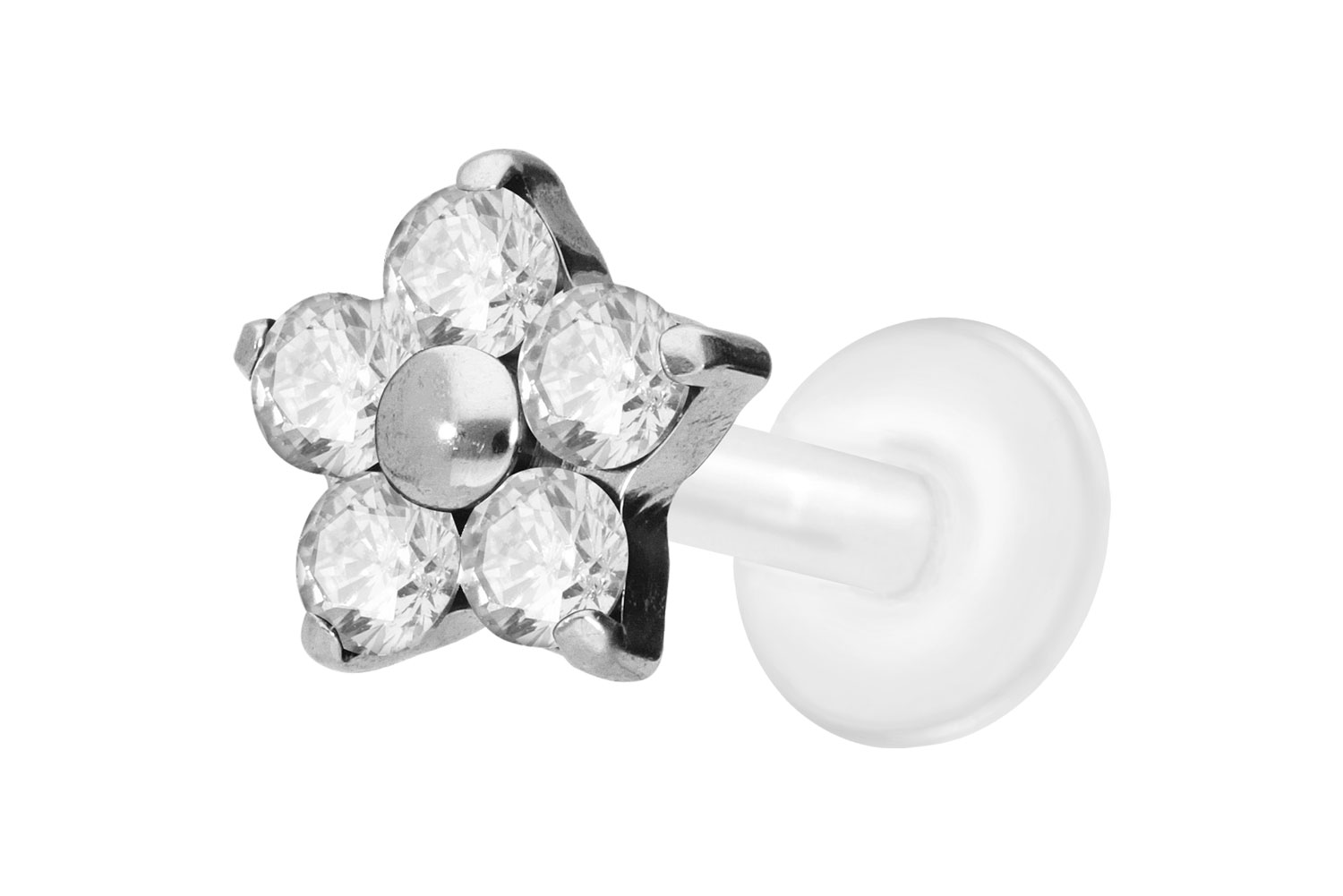 PTFE Labret Piercing mit Innengewinde + Titan-Aufsatz KRISTALLBLUME